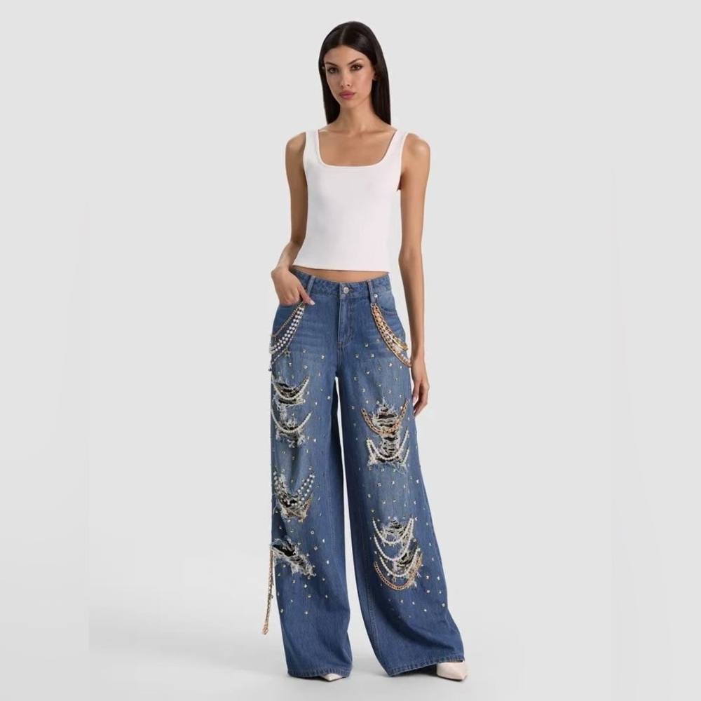 Alice + Olivia Harper Embellished Ripped Jeans - NWT - Picture 3 of 14